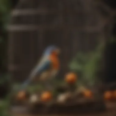 A close-up view of natural branches and toys arranged inside a bird cage.