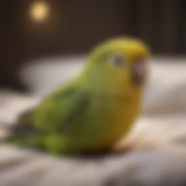 Parakeet enjoying its bed in a cage