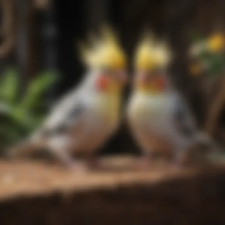 Cockatiels interacting in a large flight habitat