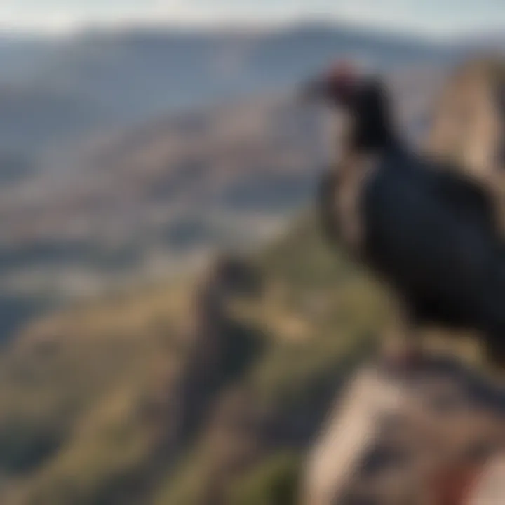 Andean condor perched on a rocky cliff with a scenic view