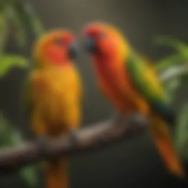 A vibrant sun conure perched on a branch showcasing its colorful plumage.