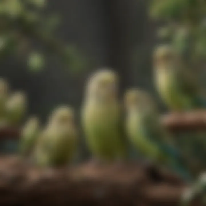 A flock of budgerigars interacting with each other