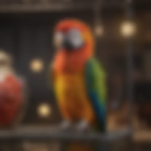 A vibrant parrot perched inside a spacious cage, showcasing its colorful feathers