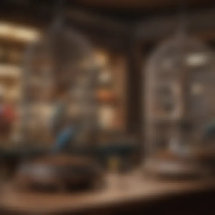Various types of bird cages displayed in a pet store, highlighting different styles and sizes