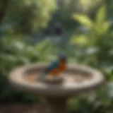 A beautifully designed ceramic bird bath in a garden setting