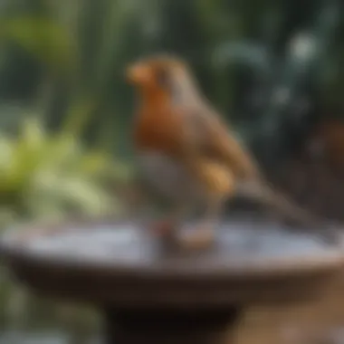 A bird enjoying a refreshing bath in a multi-tiered bird bath