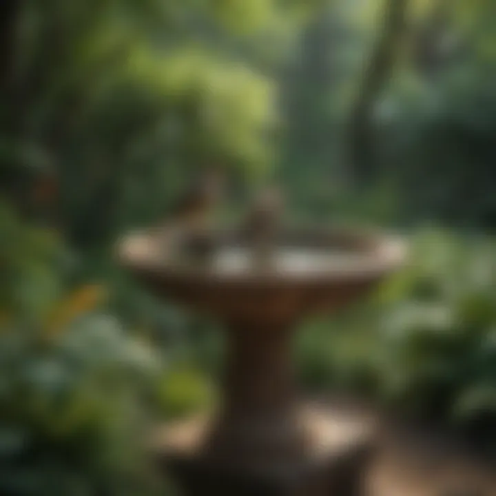 A wooden bird bath surrounded by lush greenery