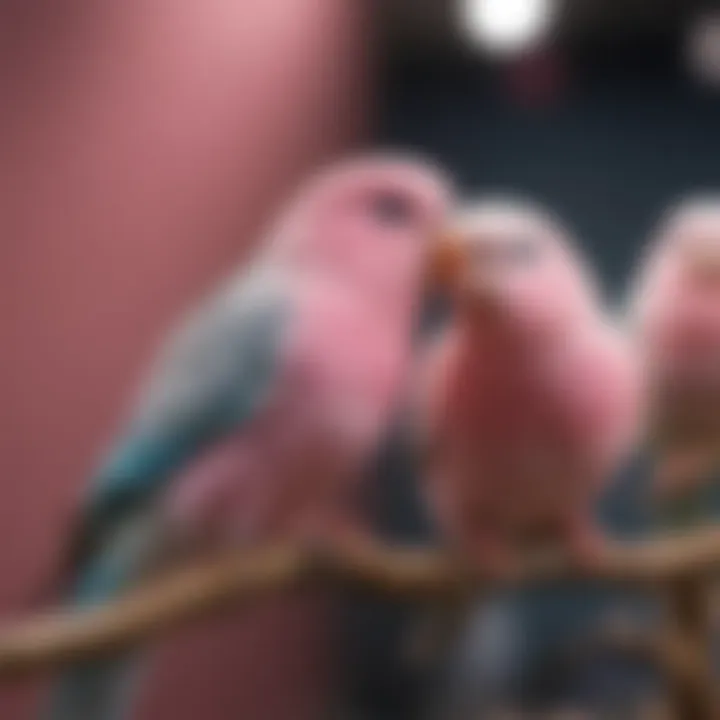 A collection of pink budgerigars in a colorful aviary, highlighting their playful nature.