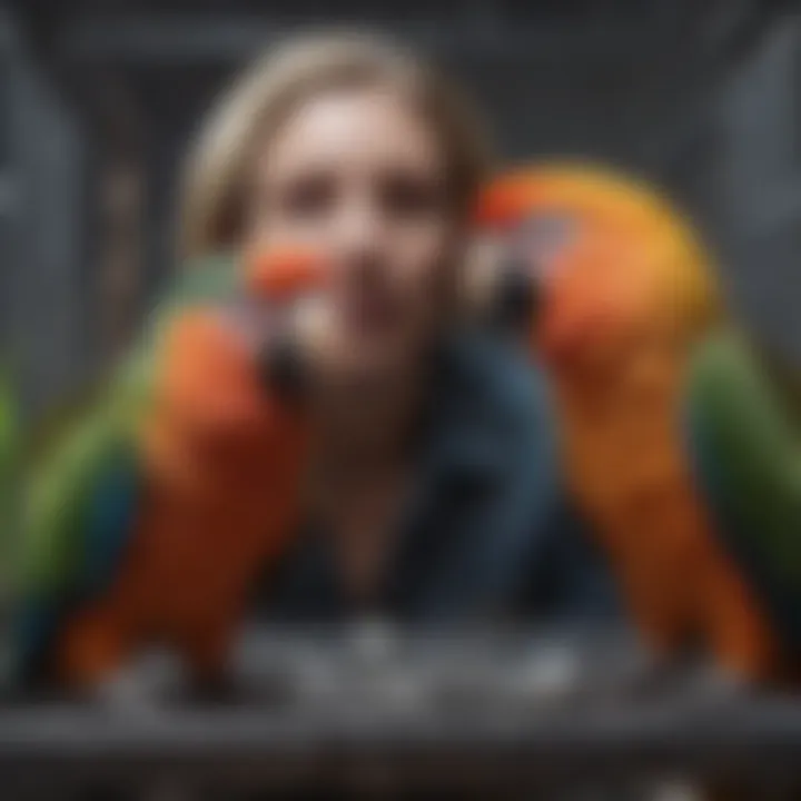 A bird owner interacting with a parrot in a well-maintained stainless steel cage.