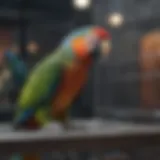 A vibrant parrot perched inside a spacious stainless steel cage.