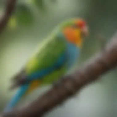 A colorful parakeet perched on a branch, vocalizing melodiously