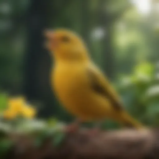 A vibrant canary singing in a lush green environment