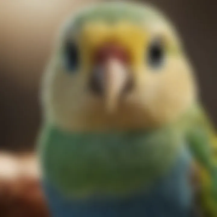 A close-up of a talking budgerigar, demonstrating its colorful plumage and expressive features.