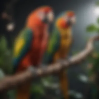 The Mimicry Marvel: Parrots in Their Element Colorful Parrot perched on a branch, showcasing its ability to mimic sounds