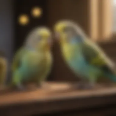 Budgerigars: Small Birds with Big Voices Sociable Budgerigar engaging in vocalization amidst lively surroundings