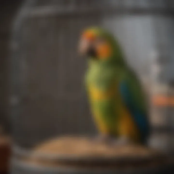 Various enrichment items inside a small parrot cage.