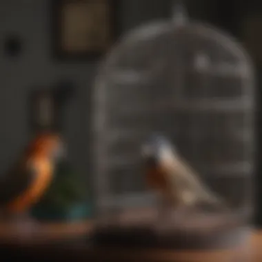 A close-up of a bird cage with essential care items displayed for potential bird owners.