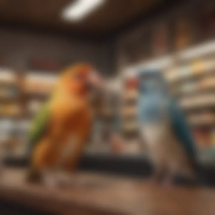 An engaging pet shop environment where customers learn about responsible bird ownership.