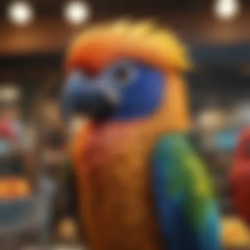 Colorful exotic birds in a pet store display