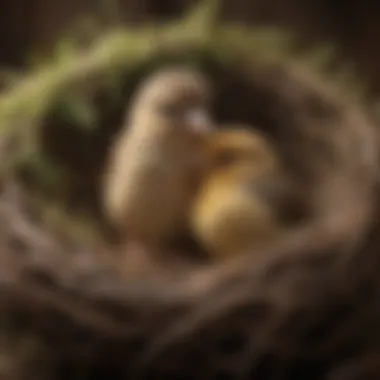 A fluffy baby finch being cared for in a cozy nest