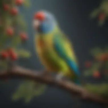 A vibrant parakeet perched on a branch, showcasing its colorful plumage