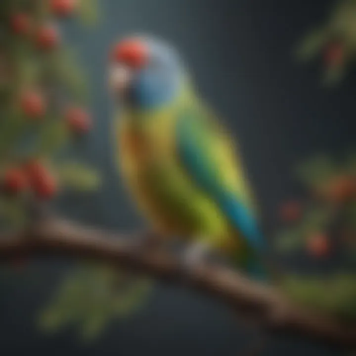 A vibrant parakeet perched on a branch, showcasing its colorful plumage