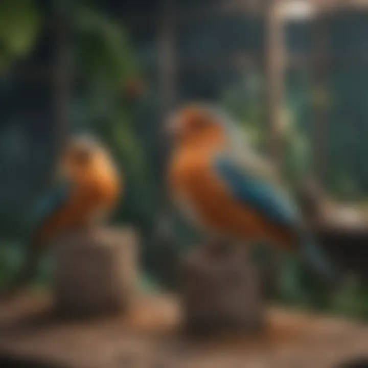 Birds perched happily in a well-maintained aviary