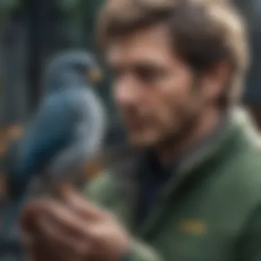 Avian Caretaker with Bird An avian caretaker providing care to a pet bird