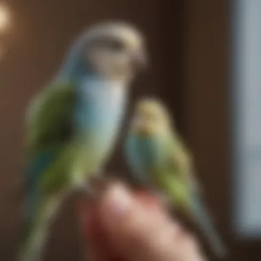 A close-up view of a budgerigar perched on a finger, symbolizing trust and connection.