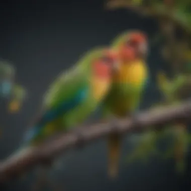Vibrant Parakeet Companions Colorful Parakeets perched on a branch