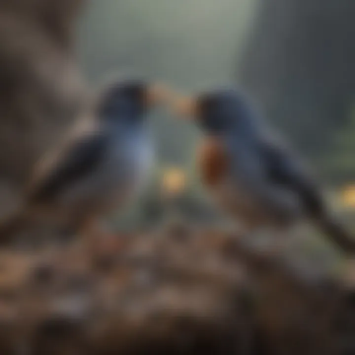 A close-up of miner birds socializing