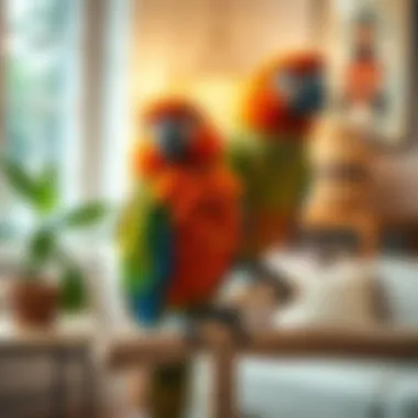 Close-up of a well-maintained parrot play stand in a cozy home setting