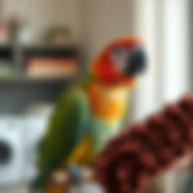 A parrot interacting with different textures on its play stand