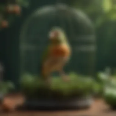 A pet bird happily perched on a green bird cage surrounded by natural elements