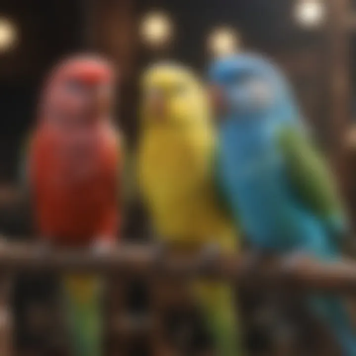 A variety of budgie colors in a lively aviary