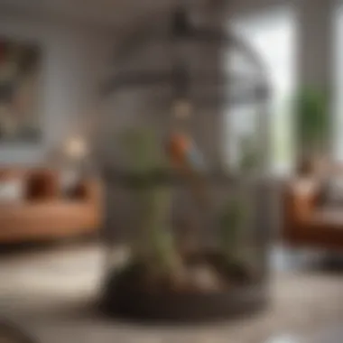Stylish Bird Cage in a Contemporary Living Room A stylishly designed large bird cage enhancing the aesthetic of a living space.