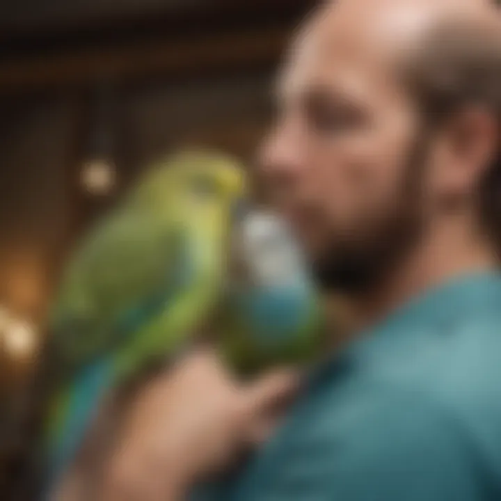 A serene moment capturing a budgerigar resting on the shoulder of a bird enthusiast.