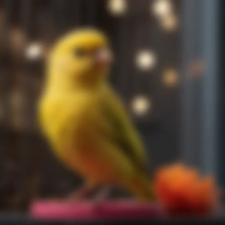 A close-up of a canary in a colorful cage, showcasing its bright feathers.