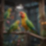 Colorful parakeets in a beautifully designed aviary