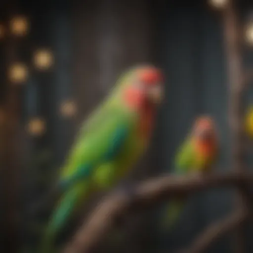 Colorful parakeets in a vibrant aviary