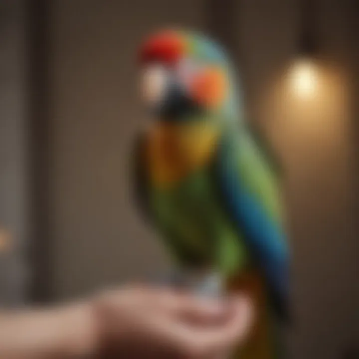 A parrot perched on a hand, showcasing its colors