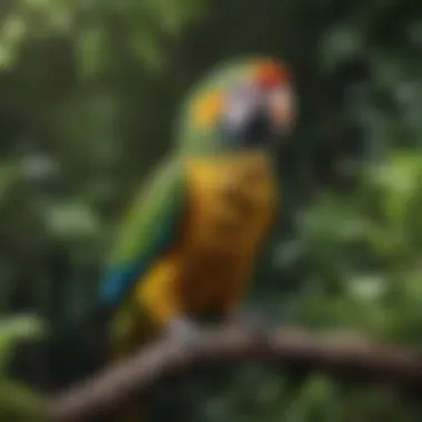 A vibrant parrot perched on a branch with lush greenery in the background.