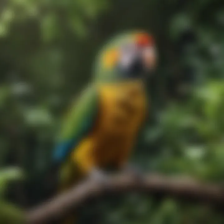 A vibrant parrot perched on a branch with lush greenery in the background.