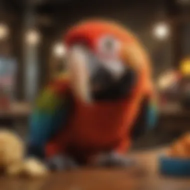 Macaw interacting with enrichment toys and treats