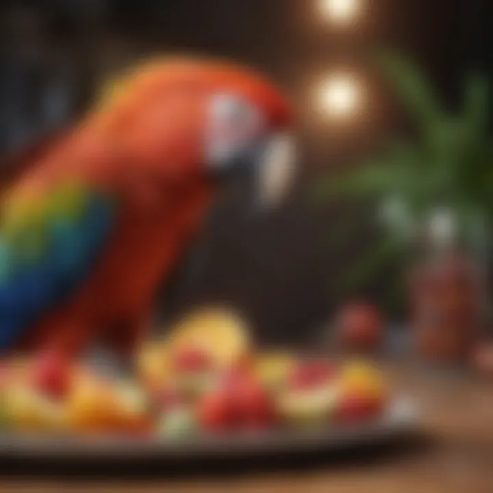 Vibrant macaw enjoying a colorful fruit treat