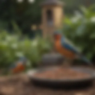 A vibrant garden setting with birds enjoying seeds from feeders