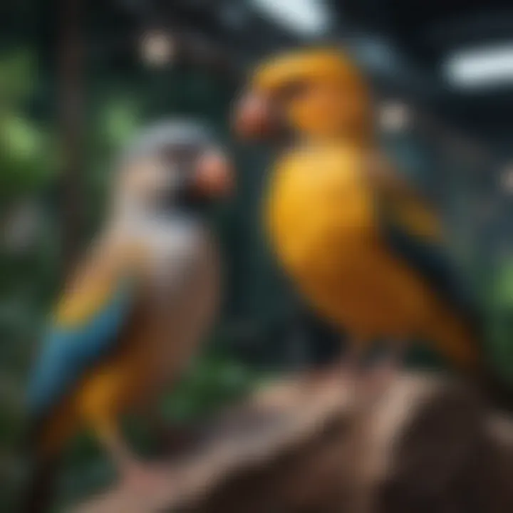 Various bird species interacting in an aviary