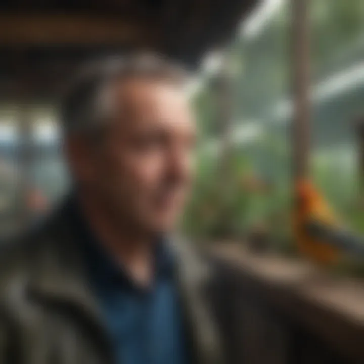 Owner enjoying time inside a walk-in aviary with birds