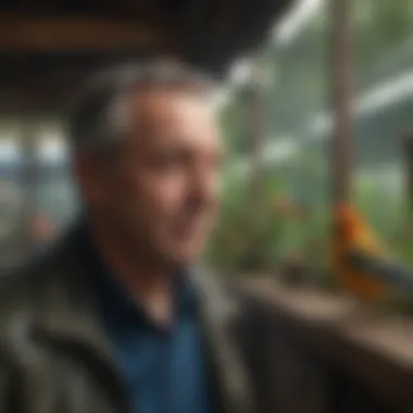 Engaging Experience in a Bird Aviary Owner enjoying time inside a walk-in aviary with birds