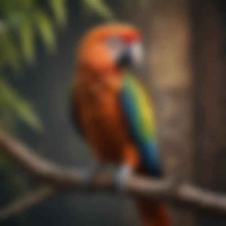 A colorful parrot perched on a branch with a curious expression.